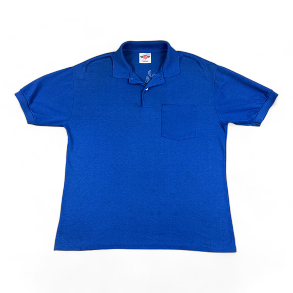 Vintage 80s Polo Shirt Adult MEDIUM Blue Bar Tavern Pocket Work Shirt CJs Club - Picture 2 of 6